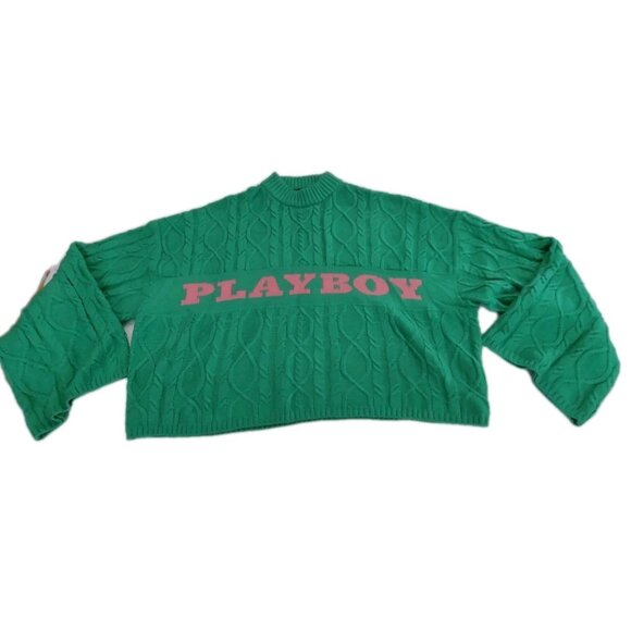 Playboy Missguided Sweater Women Sz US 10 UK14 Green Cropped Knitted Wide Sleeve - Picture 1 of 10